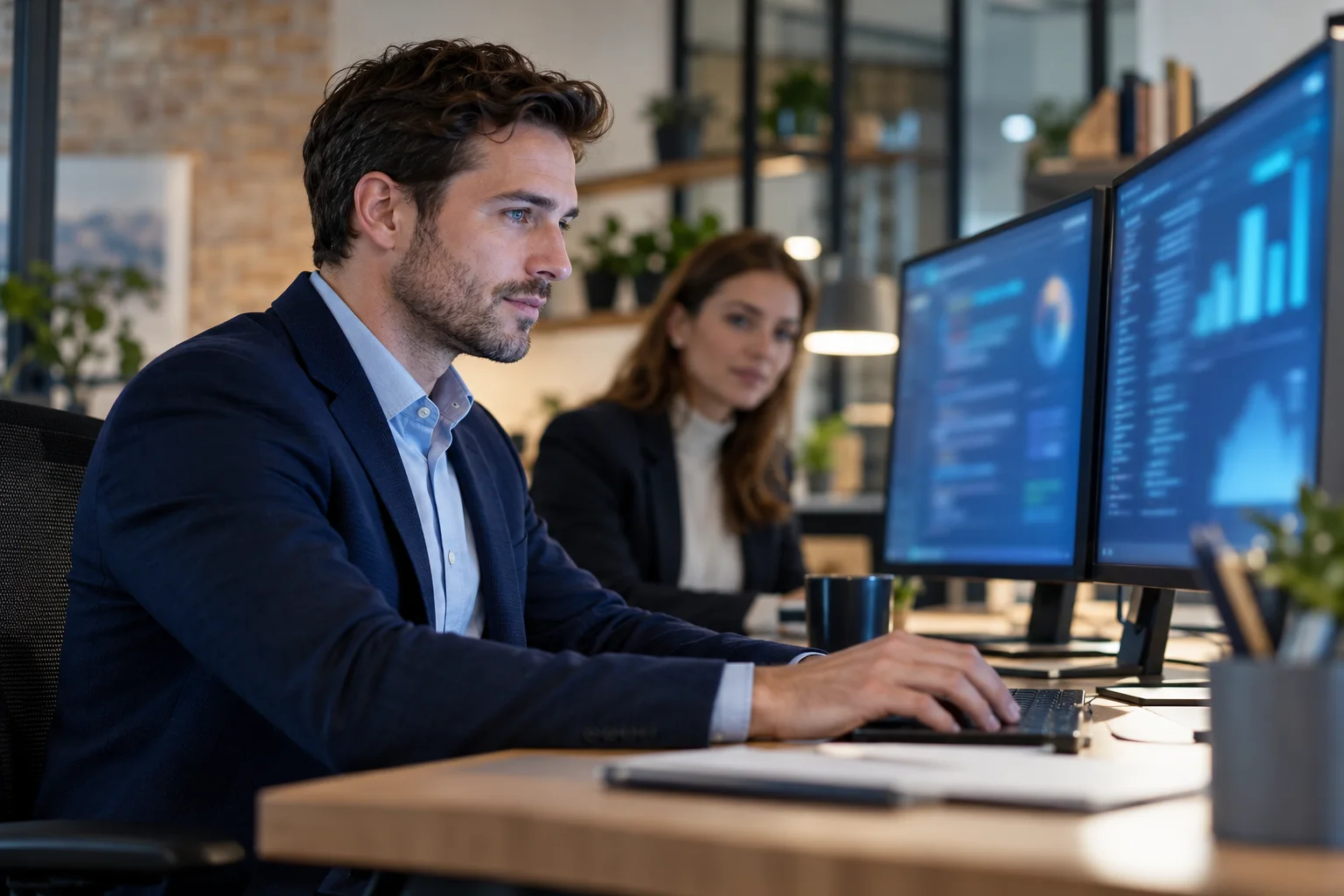 An engineer working at two monitors with a colleague behind. AI-generated concept image.
