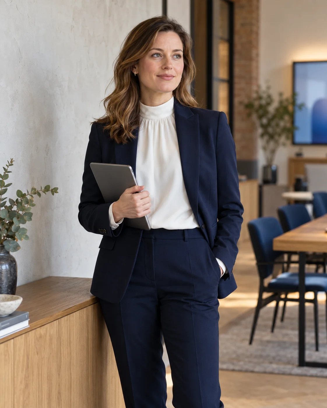 A consultant in a navy trouser suit standing in the studio with a tablet. AI-generated concept image.