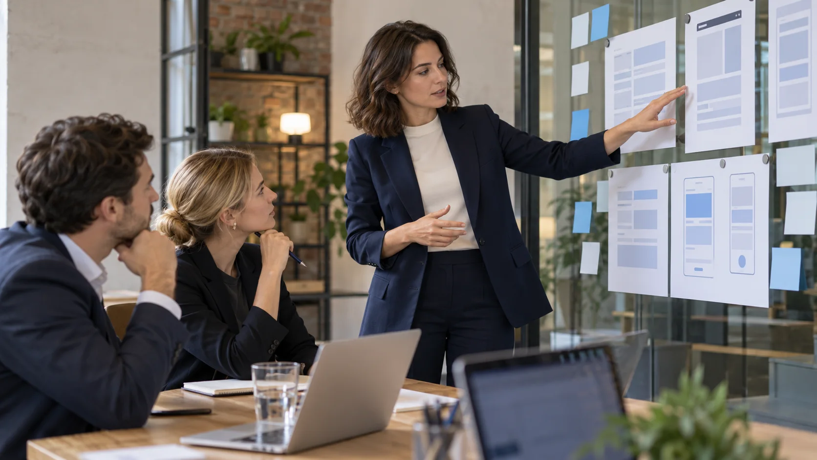 A designer presenting interface wireframes on a glass wall to two colleagues. AI-generated concept image.