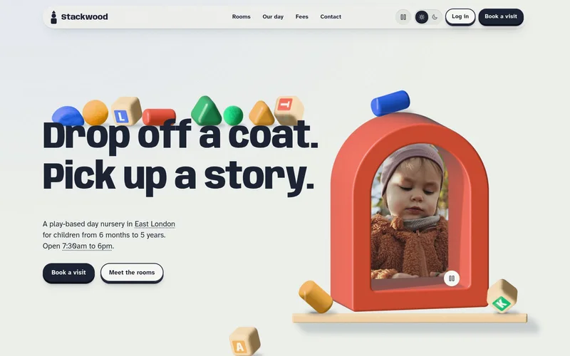 Stackwood Day Nursery website, built around colourful wooden toys.